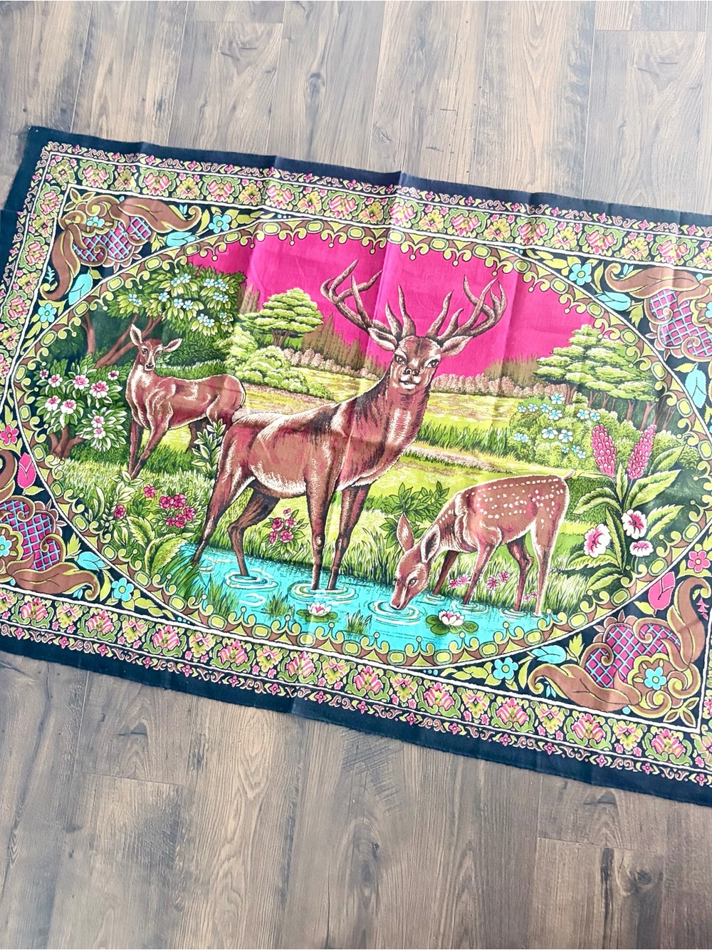 Vintage Turkish Velvet Deer Tapestry Wall Hanging Rug Deer Buck Doe Fawn Forest